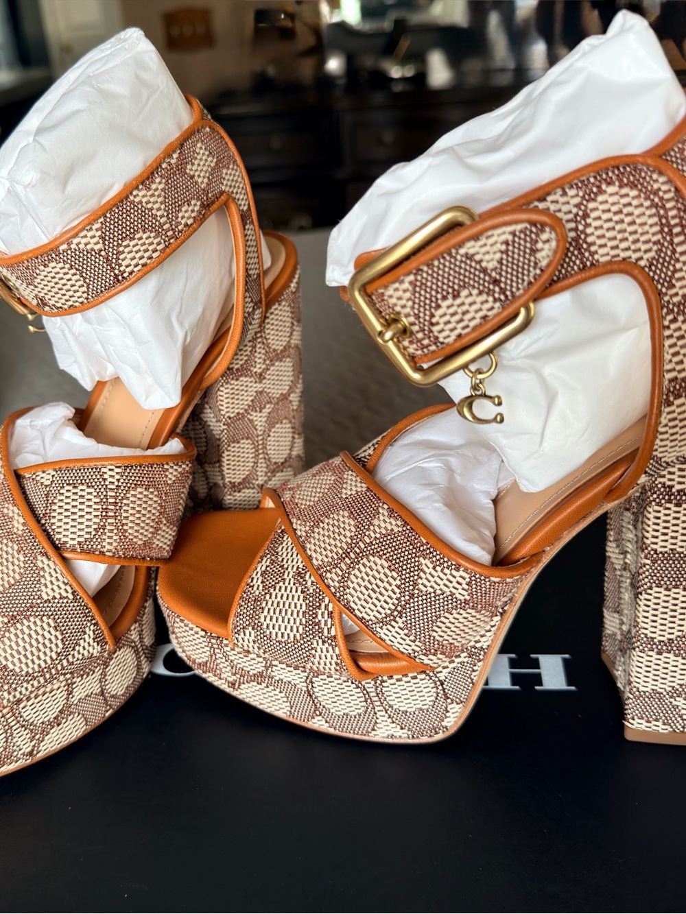 Coach Brown & Cream Canvas Platform Sandals with Ankle Strap - Picture 3 of 10